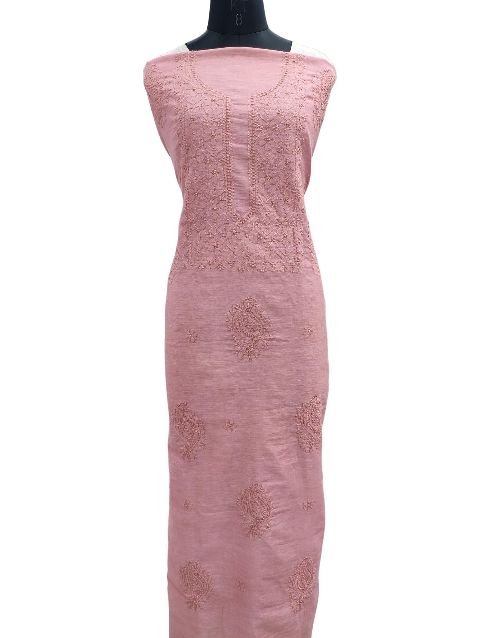 Shyamal Chikan Hand Embroidered Pink Lenin Lucknowi Chikankari Unstitched Kurta Piece - S21128