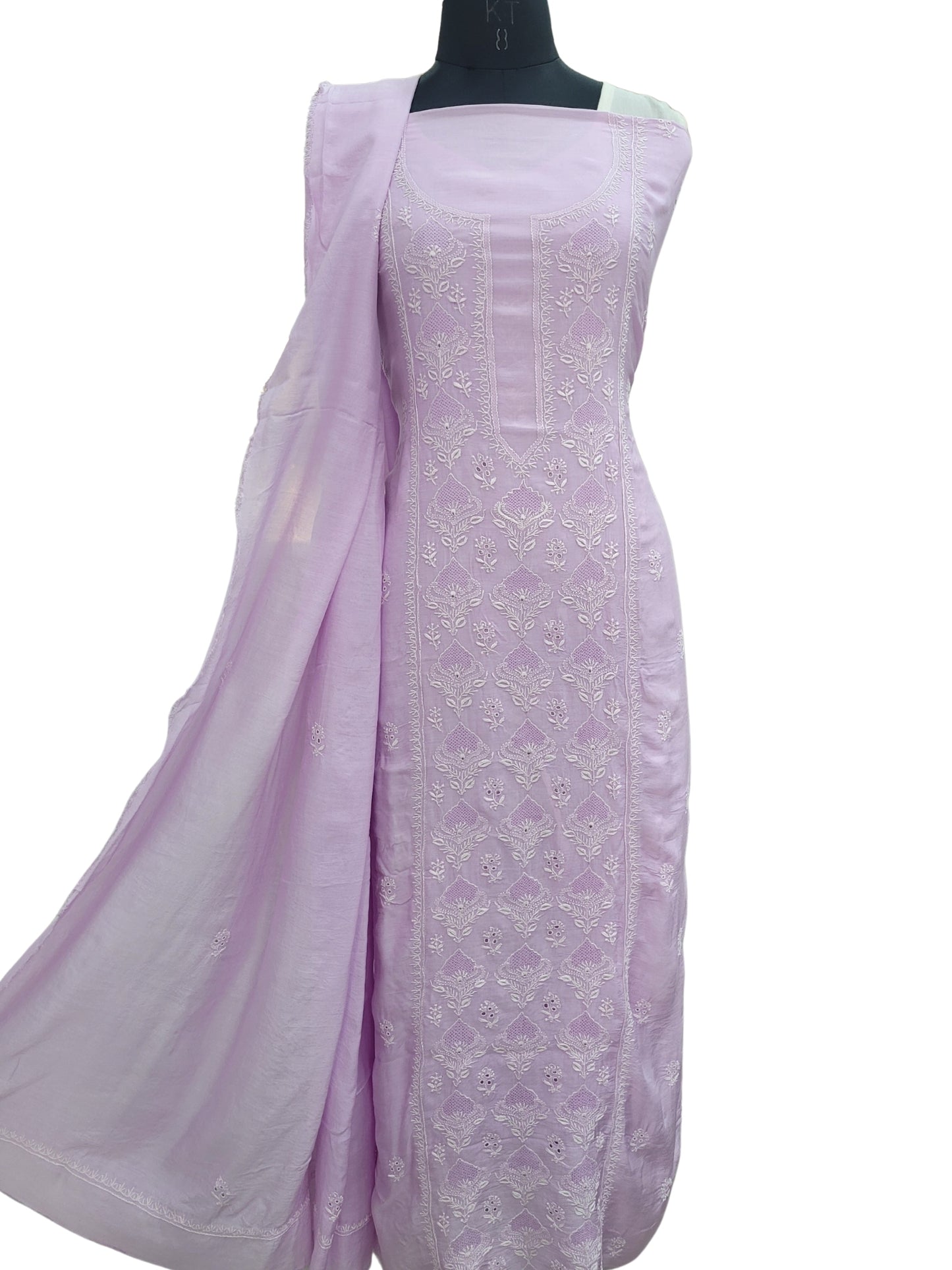 Shyamal Chikan Hand Embroidered Lavender Cotton Silk Lucknowi Chikankari Unstitched Suit Piece With Jaali Work ( Kurta Dupatta Set ) - S23705