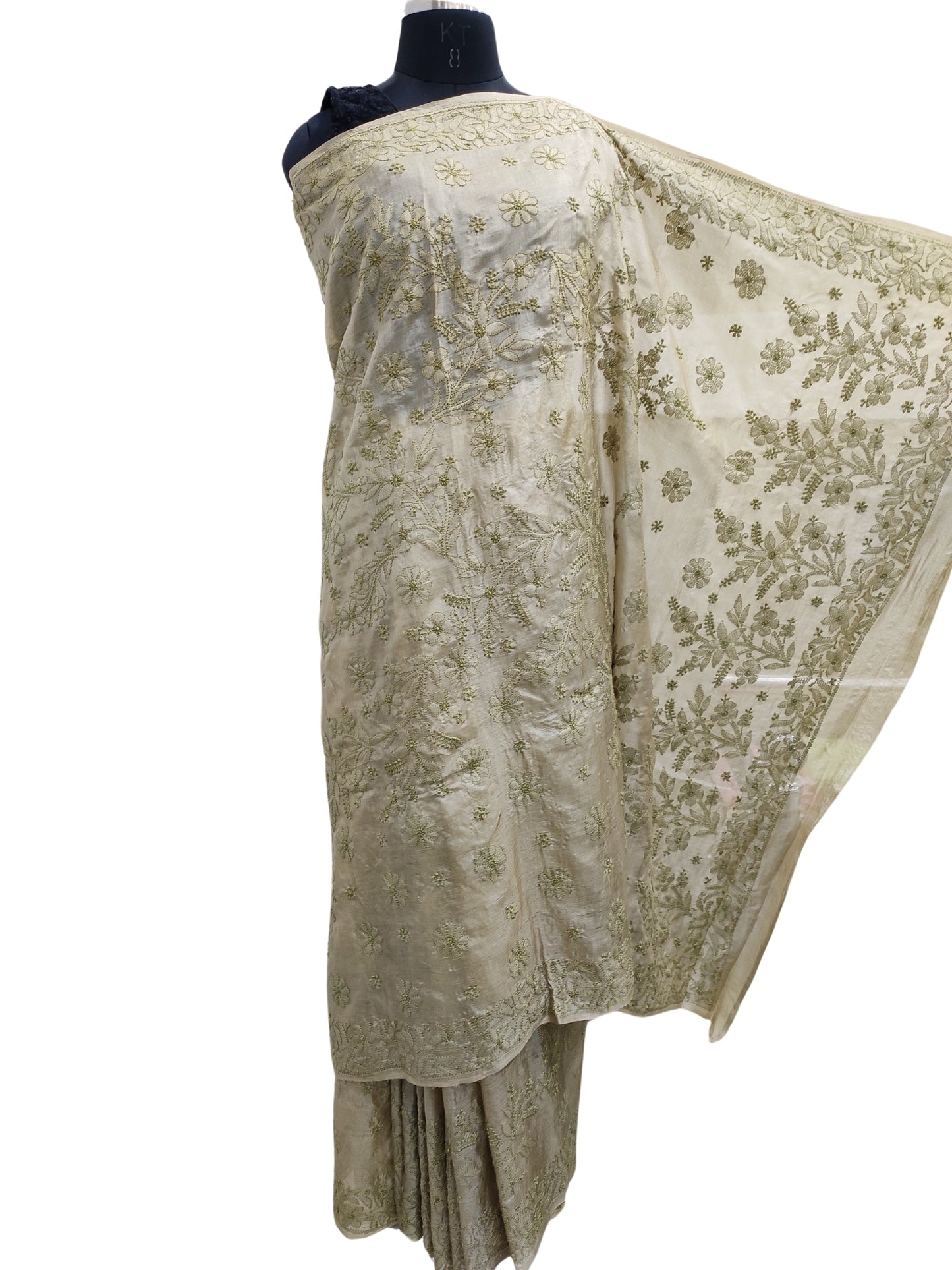 Shyamal Chikan Hand Embroidered Green Pure Tusser Silk Lucknowi Chikankari Saree With Blouse Piece- 23820