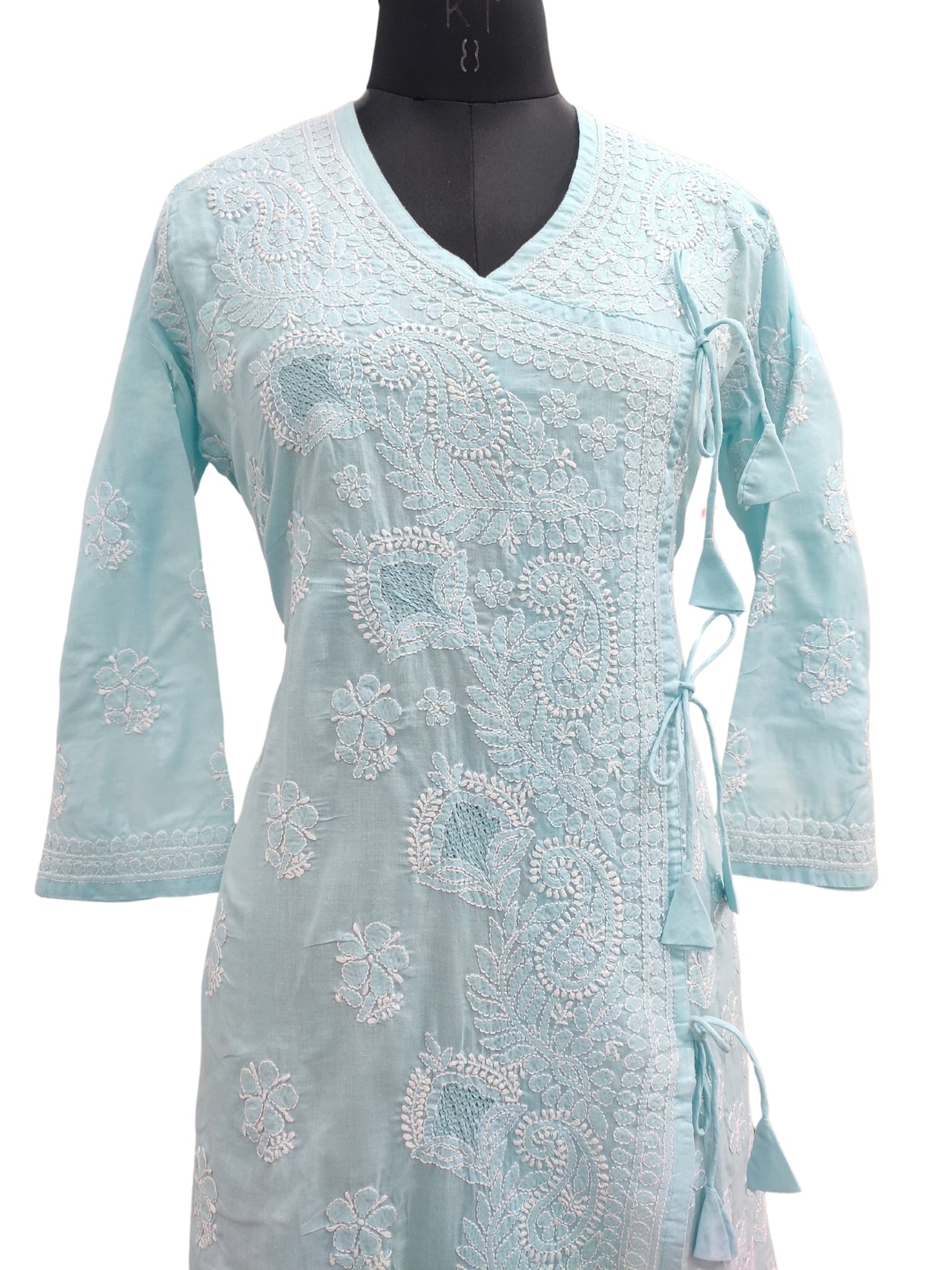 Shyamal Chikan Hand Embroidered Blue Angrakha A-Line Cotton Lucknowi Chikankari Kurti- S22747