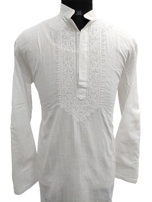 Shyamal Chikan Hand Embroidered White Cotton Lucknowi Chikankari Men's Kurta – S21239