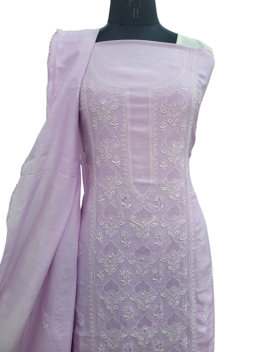 Shyamal Chikan Hand Embroidered Lavender Cotton Silk Lucknowi Chikankari Unstitched Suit Piece With Jaali Work ( Kurta Dupatta Set ) - S23705