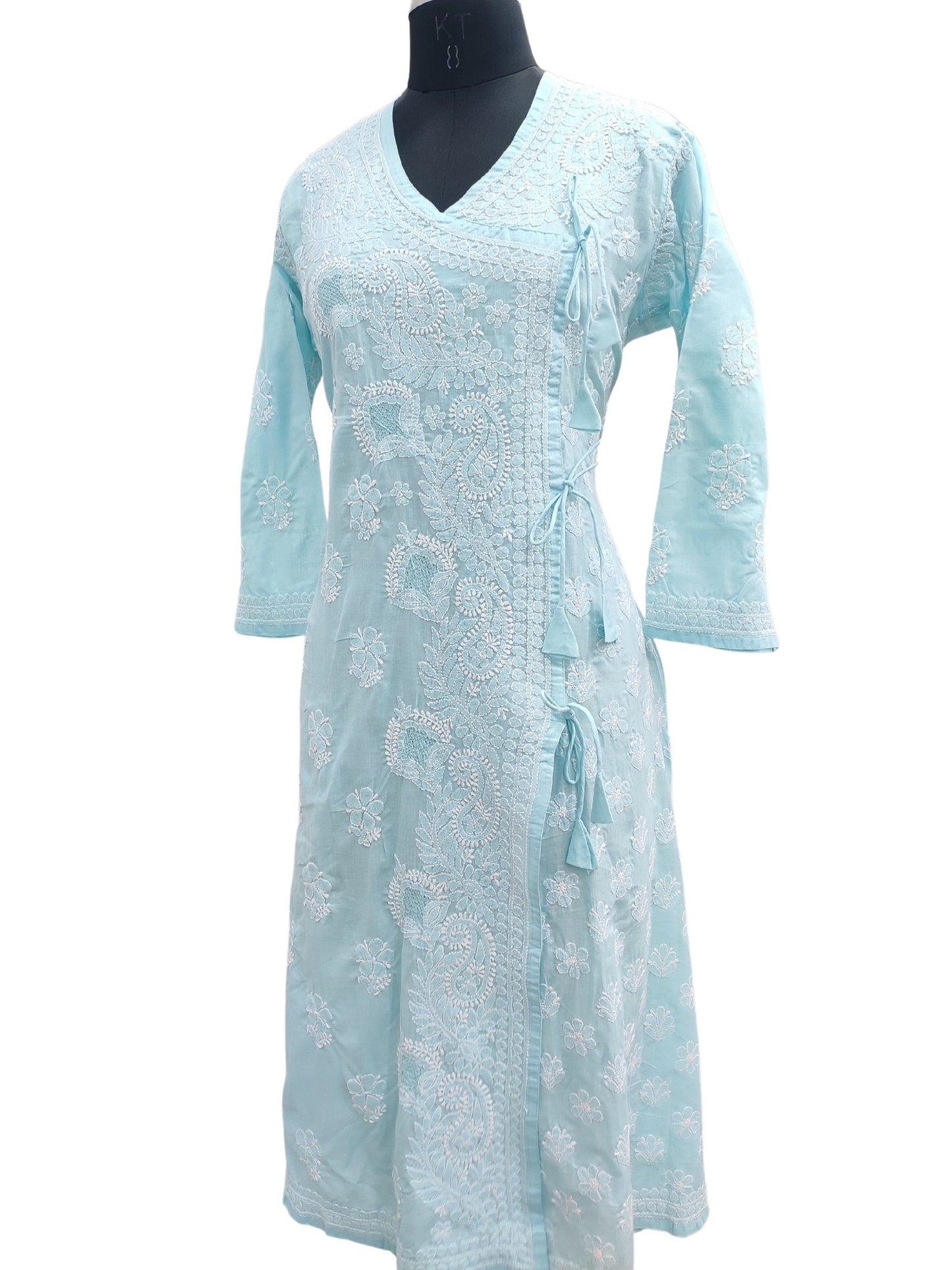 Shyamal Chikan Hand Embroidered Blue Angrakha A-Line Cotton Lucknowi Chikankari Kurti- S22747