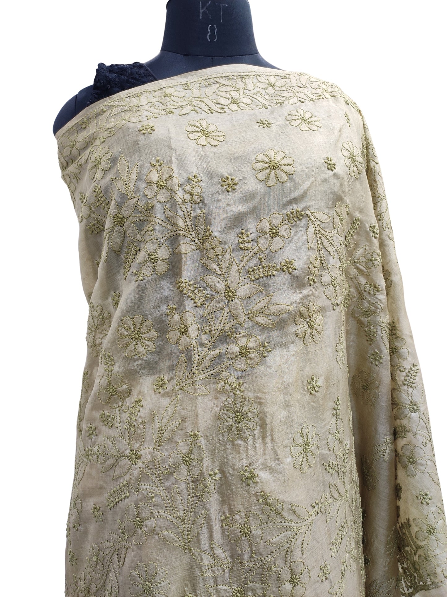 Shyamal Chikan Hand Embroidered Green Pure Tusser Silk Lucknowi Chikankari Saree With Blouse Piece- 23820