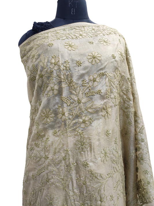 Shyamal Chikan Hand Embroidered Green Pure Tusser Silk Lucknowi Chikankari Saree With Blouse Piece- 23820