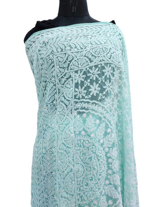 Shyamal Chikan Hand Embroidered Sea Green Georgette Lucknowi Chikankari Shoulder Jaal Saree With Blouse Piece - S26387