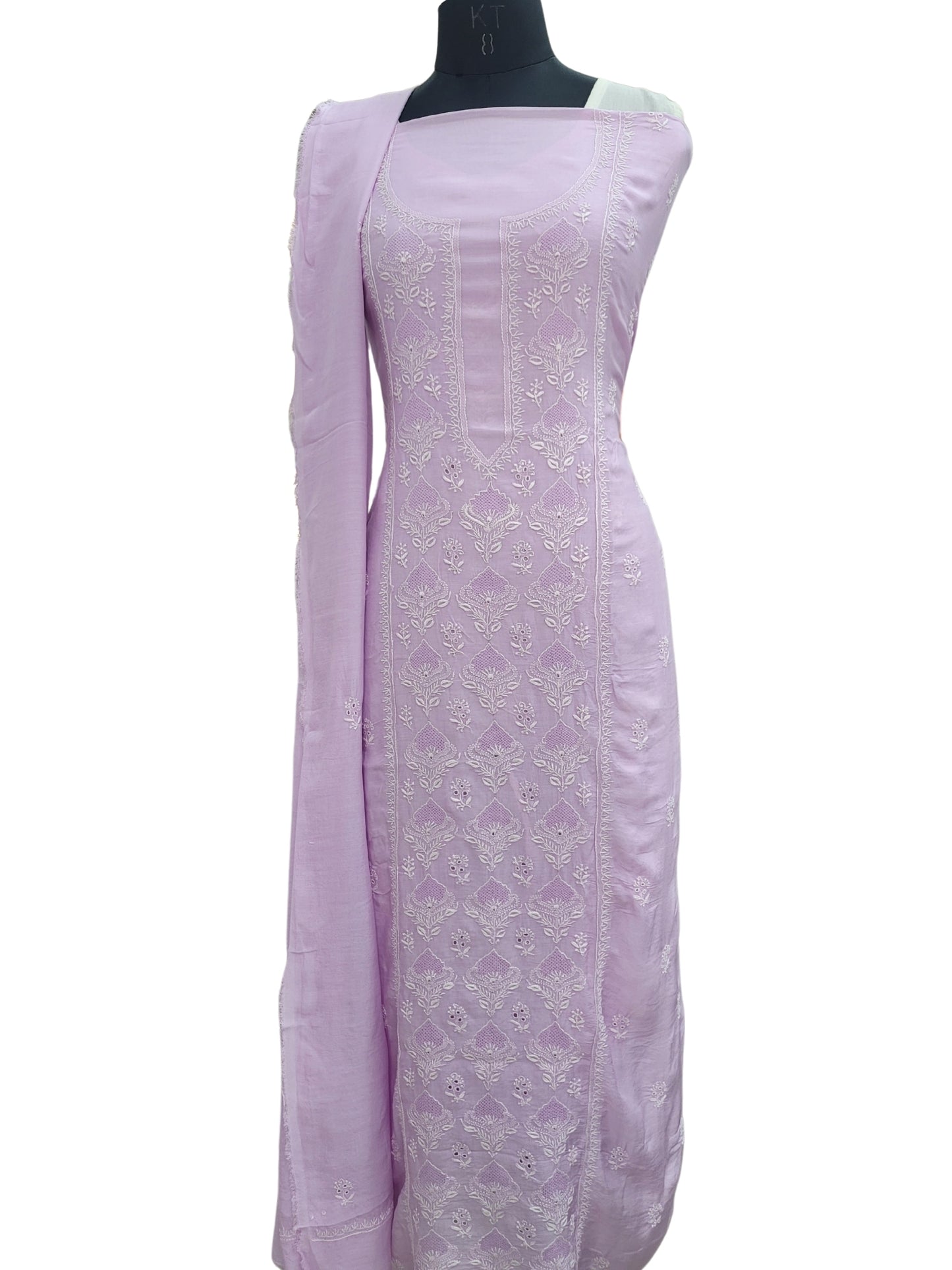 Shyamal Chikan Hand Embroidered Lavender Cotton Silk Lucknowi Chikankari Unstitched Suit Piece With Jaali Work ( Kurta Dupatta Set ) - S23705