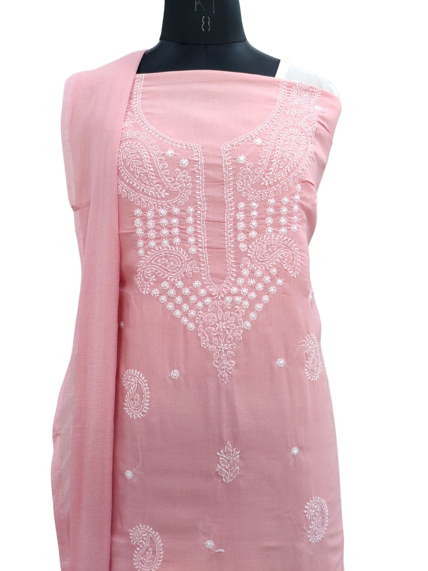 Shyamal Chikan Hand Embroidered Peach Cotton Lucknowi Chikankari Unstitched Suit Piece - S24194