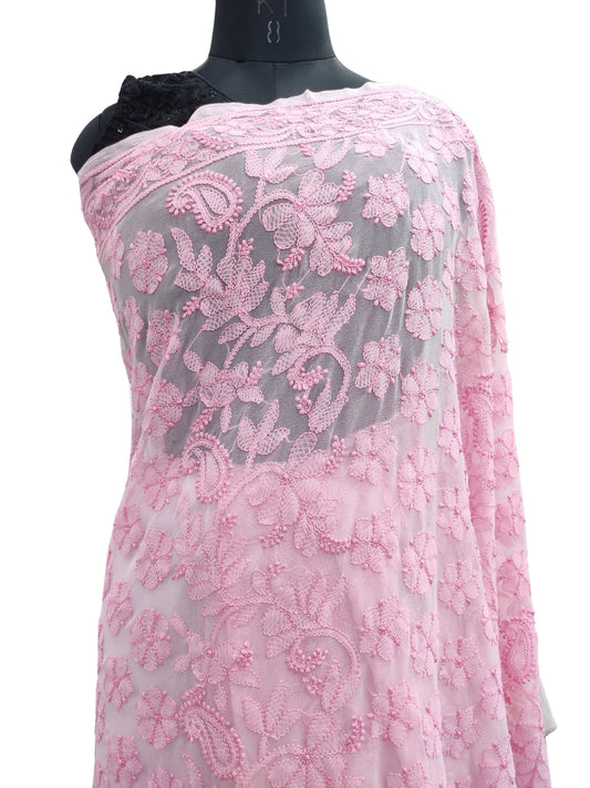 Shyamal Chikan Hand Embroidered Pink Georgette Lucknowi Chikankari Shoulder Jaal Saree With Blouse Piece - S26275
