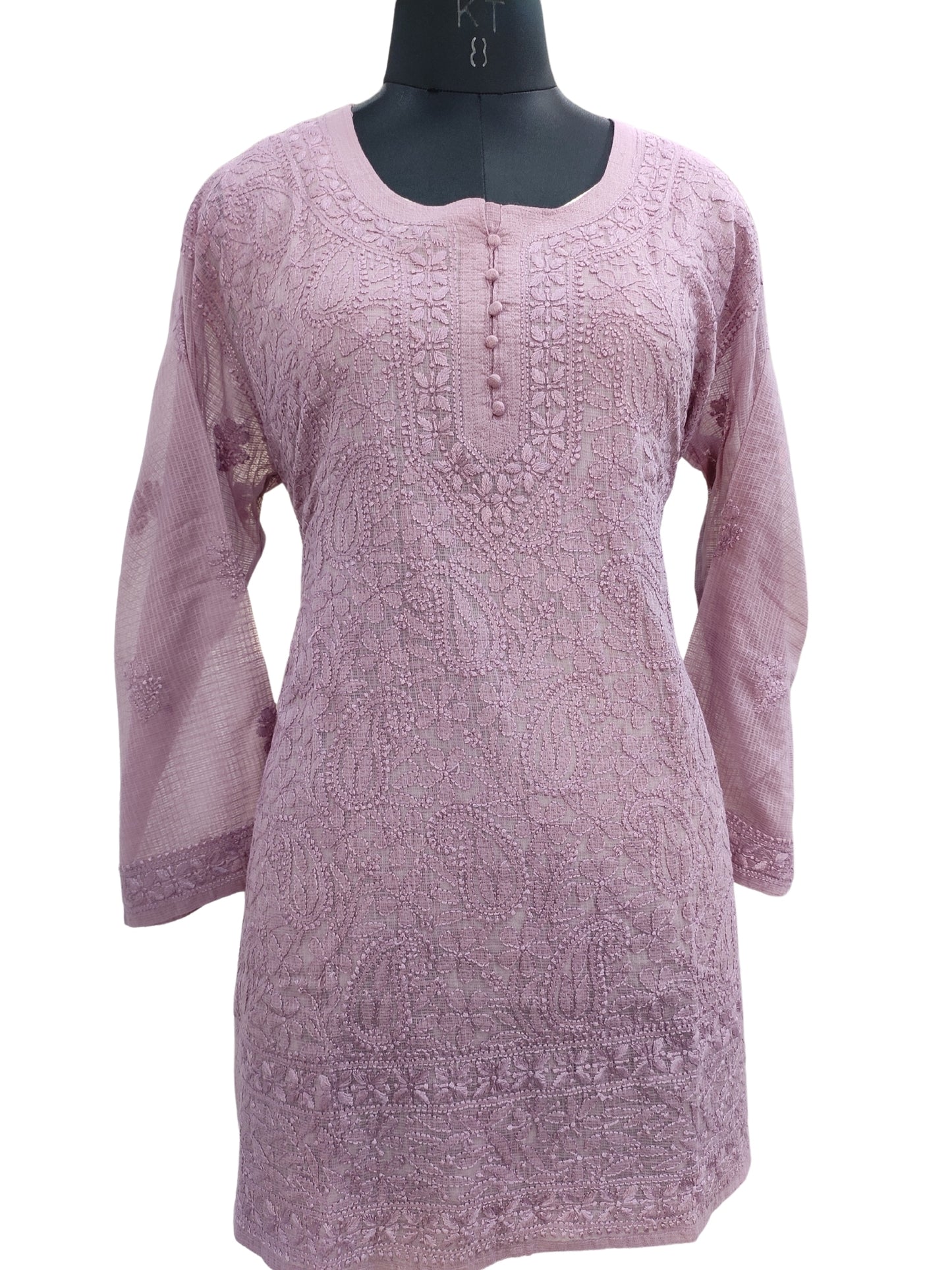 Shyamal Chikan Hand Embroidered Wine Kota Doria Lucknowi Chikankari Short Top -23252