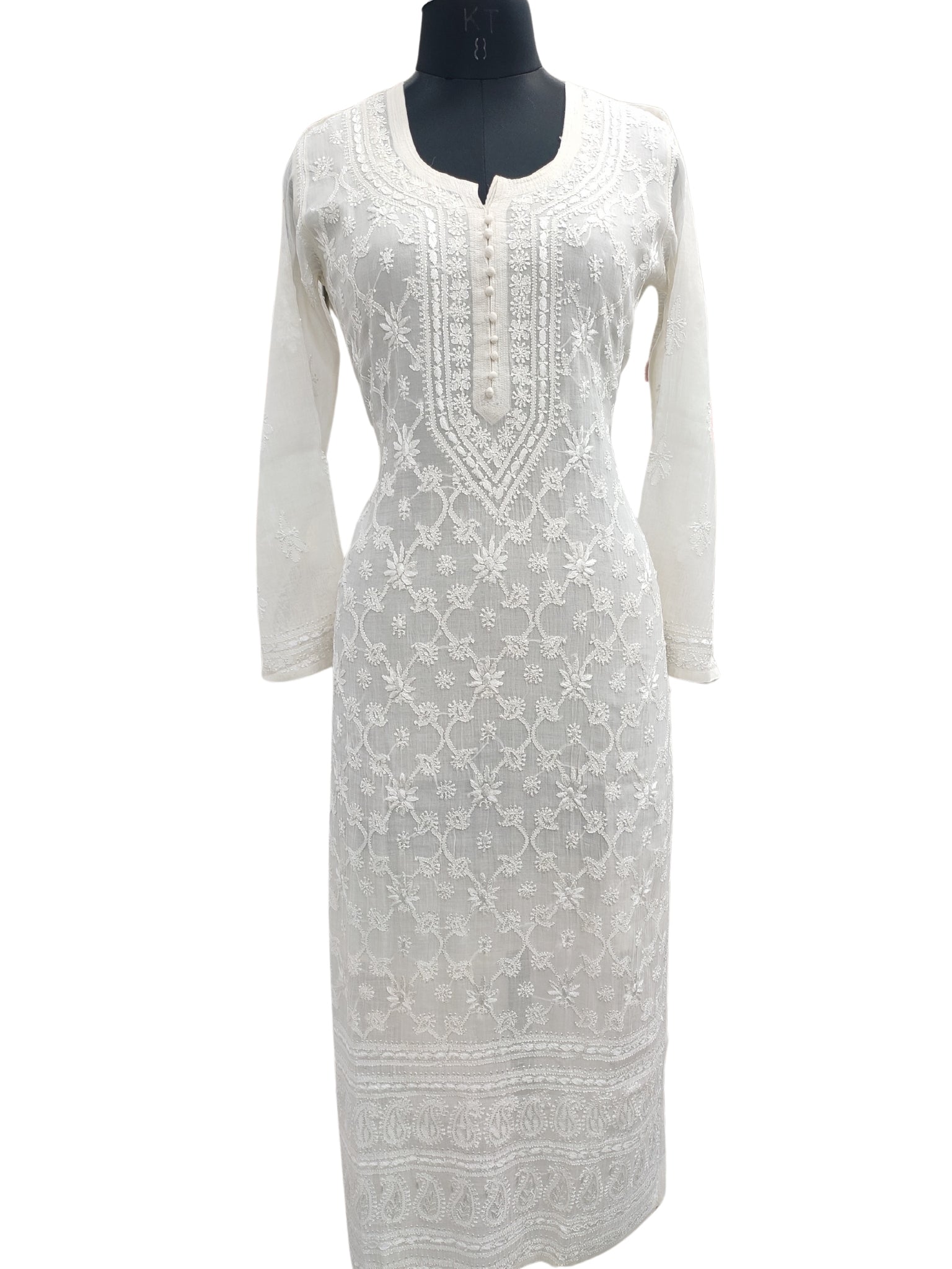 Shyamal Chikan Hand Embroidered White Mul Chanderi Lucknowi Chikankari Kurti - 23912