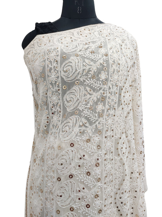Shyamal Chikan Hand Embroidered White Pure Georgette Lucknowi Chikankari Saree With Blouse Piece and Ring Mukaish Work - S