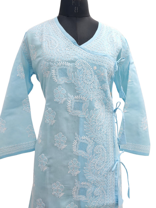 Shyamal Chikan Hand Embroidered Blue Angrakha A-Line Cotton Lucknowi Chikankari Kurti- S22748