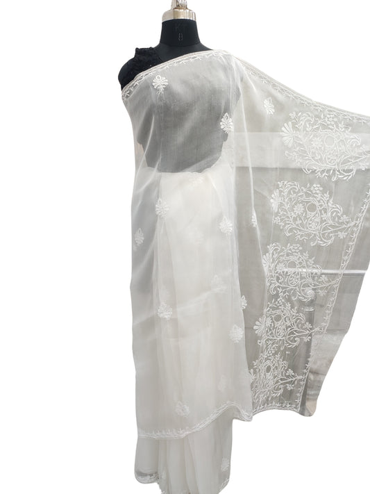 Shyamal Chikan Hand Embroidered White Pure Organza Lucknowi Chikankari Saree With Blouse Piece - S22314