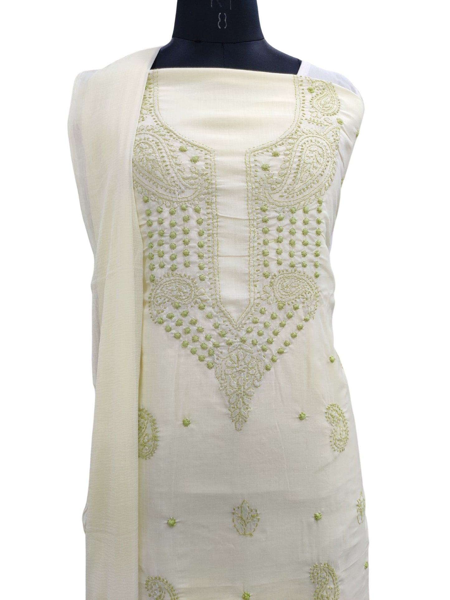 Shyamal Chikan Hand Embroidered Lemon Cotton Lucknowi Chikankari Unstitched Suit Piece - S24203