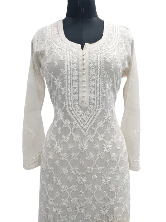 Shyamal Chikan Hand Embroidered White Mul Chanderi Lucknowi Chikankari Kurti - 23912