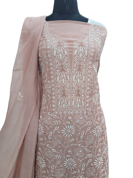 Shyamal Chikan Hand Embroidered Peach Cotton Silk  Lucknowi Chikankari Unstitched Suit Piece ( Kurta Dupatta Set ) - S22610