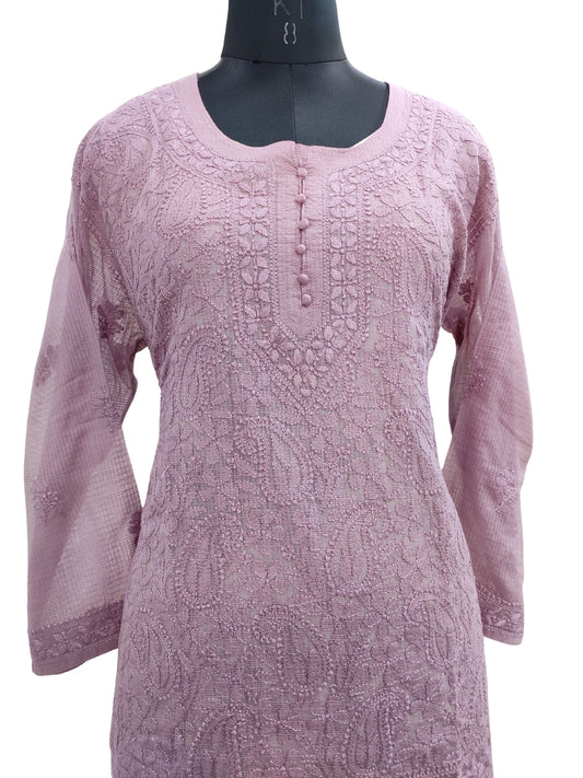 Shyamal Chikan Hand Embroidered Wine Kota Doria Lucknowi Chikankari Short Top -23252