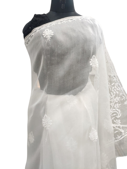 Shyamal Chikan Hand Embroidered White Pure Organza Lucknowi Chikankari Saree With Blouse Piece  - S22314