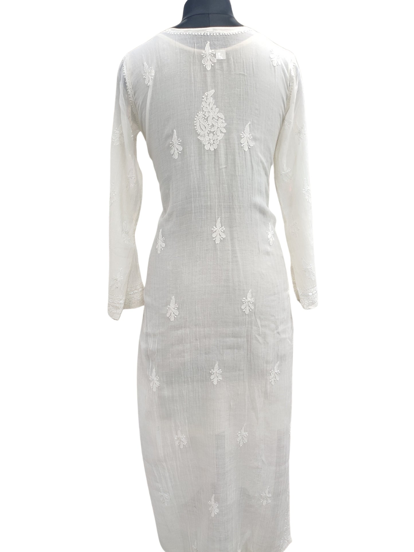 Shyamal Chikan Hand Embroidered White Mul Chanderi Lucknowi Chikankari Kurti - 23912