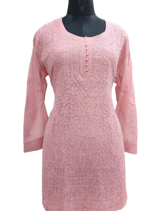 Shyamal Chikan Hand Embroidered Peach Kota Doria Lucknowi Chikankari Short Top -23251