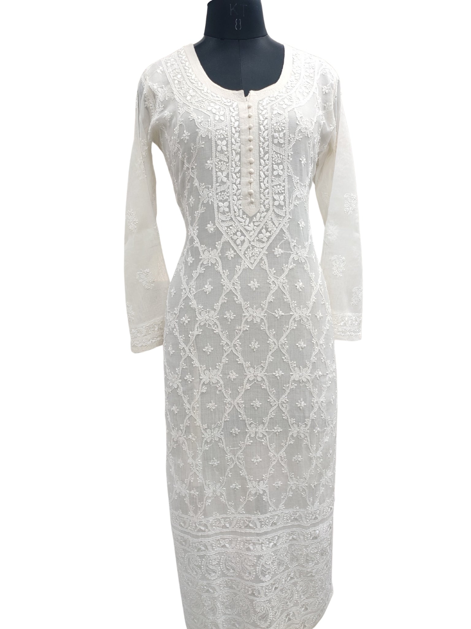 Shyamal Chikan Hand Embroidered White Mul Chanderi Lucknowi Chikankari Kurti - 23913