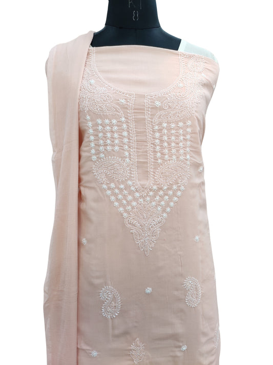 Shyamal Chikan Hand Embroidered Peach Cotton Lucknowi Chikankari Unstitched Suit Piece - S24213