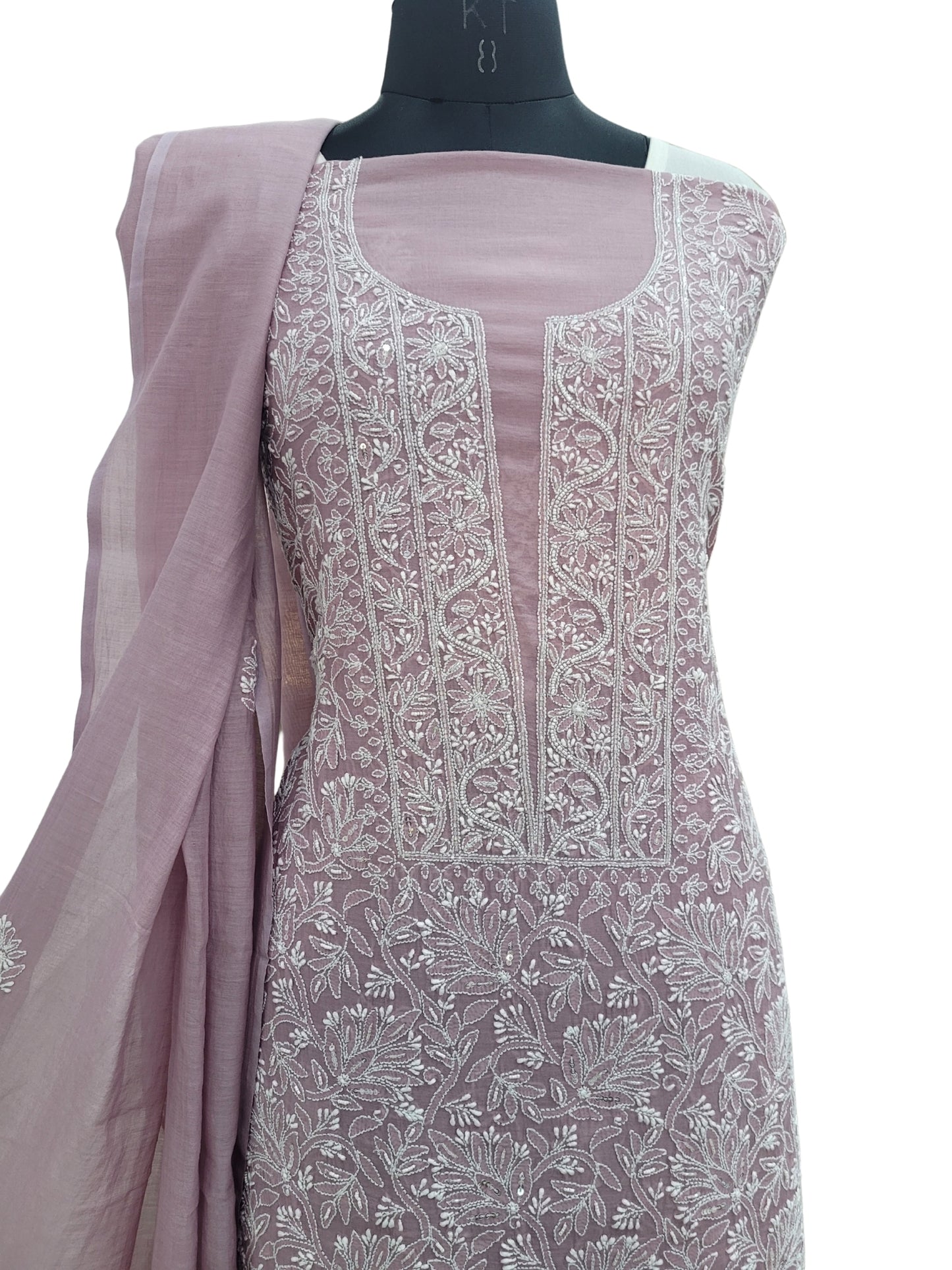 Shyamal Chikan Hand Embroidered Wine Mul Chanderi Lucknowi Chikankari Unstitched Suit Piece with Cutdana & Sequin Work (Kurta Dupatta Set) - S24457