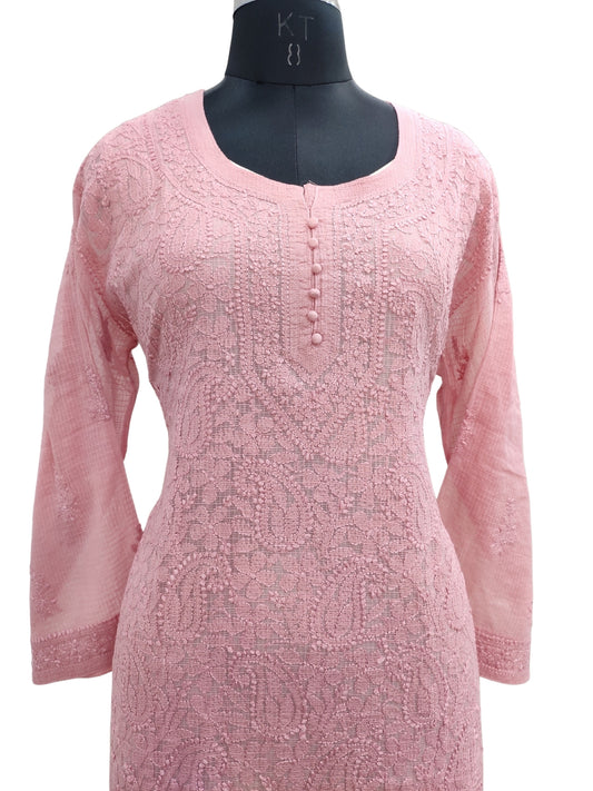 Shyamal Chikan Hand Embroidered Peach Kota Doria Lucknowi Chikankari Short Top -23251