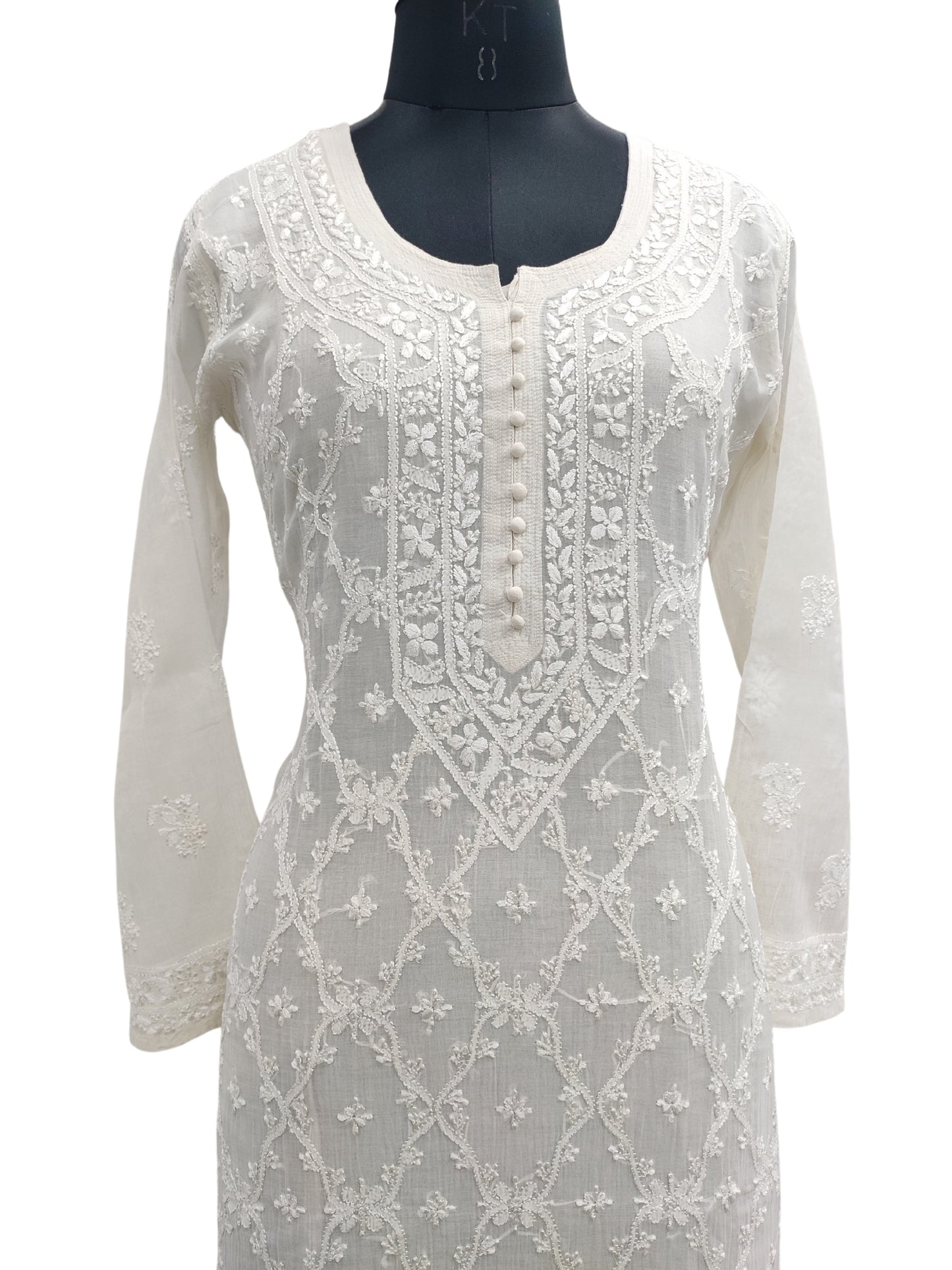 Shyamal Chikan Hand Embroidered White Mul Chanderi Lucknowi Chikankari Kurti - S23913