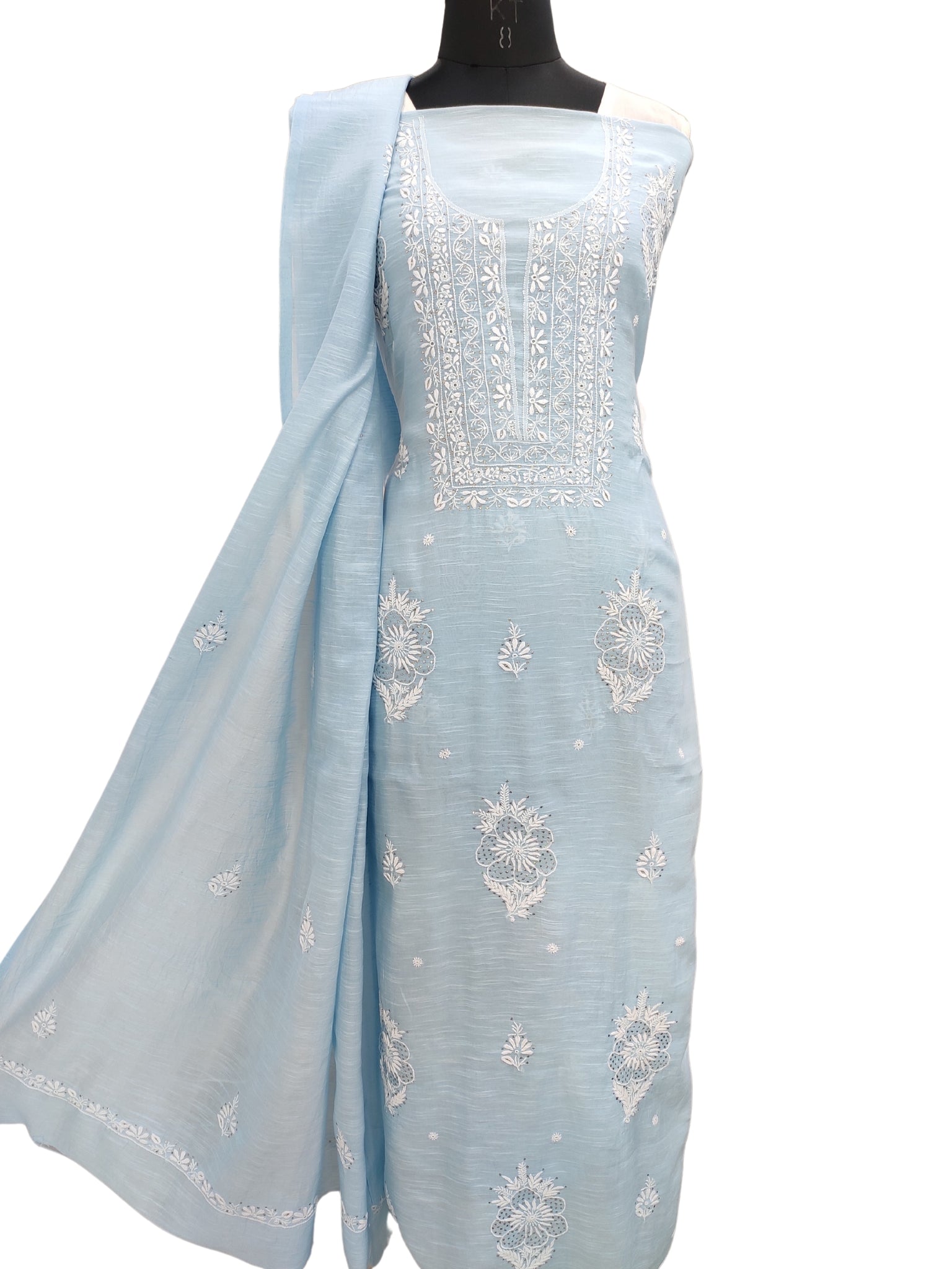 Shyamal Chikan Hand Embroidered Blue Slub Chanderi Lucknowi Chikankari Unstitched Suit Piece with Mukaish work ( Kurta Dupatta Set ) - S20996