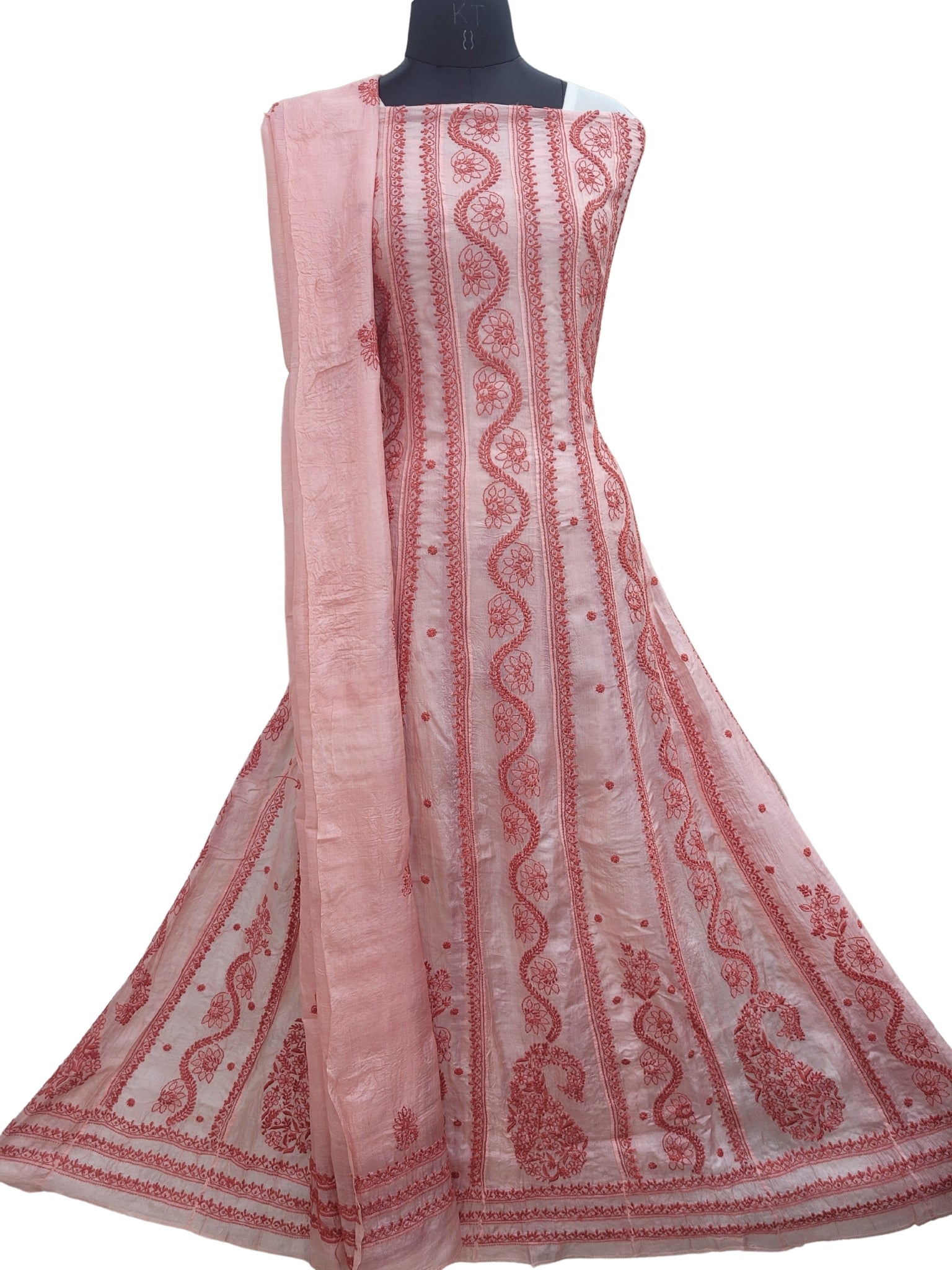 Shyamal Chikan Hand Embroidered Peach Pure Tusser Silk Lucknowi Chikankari Semi-Stitched Anarkali - S25204