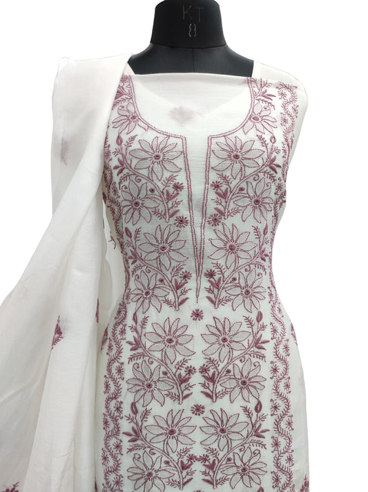 Shyamal Chikan Hand Embroidered White American Cotton Lucknowi Chikankari Unstitched Suit Piece (Kurta Dupatta Set) - S26199
