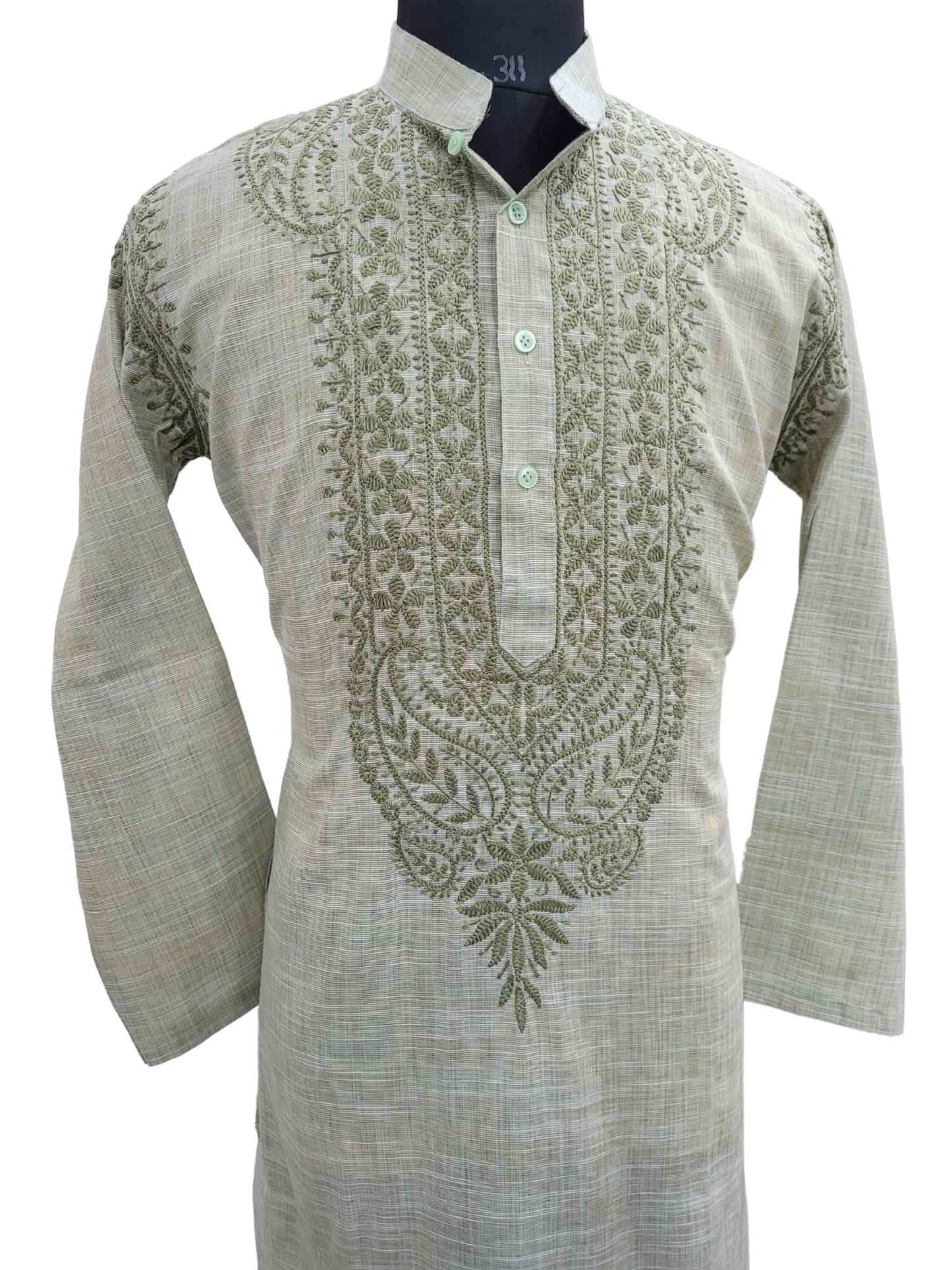 Shyamal Chikan Hand Embroidered Green Cotton Lucknowi Chikankari Men's Kurta - S25177