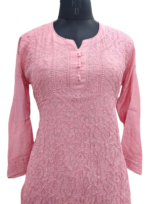 Shyamal Chikan Hand Embroidered Peach Muslin Lucknowi Chikankari Short Top - S23487