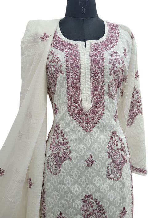 Shyamal Chikan Hand Embroidered White Mul Chanderi Lucknowi Chikankari semi stitched Suit Piece (Kurta Dupatta Set) - S25099