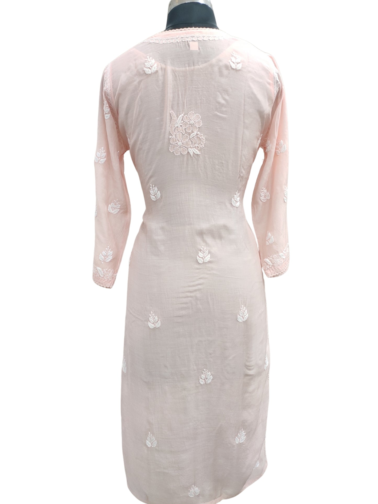 Shyamal Chikan Hand Embroidered Peach Muslin Lucknowi Chikankari Kurti - S25474