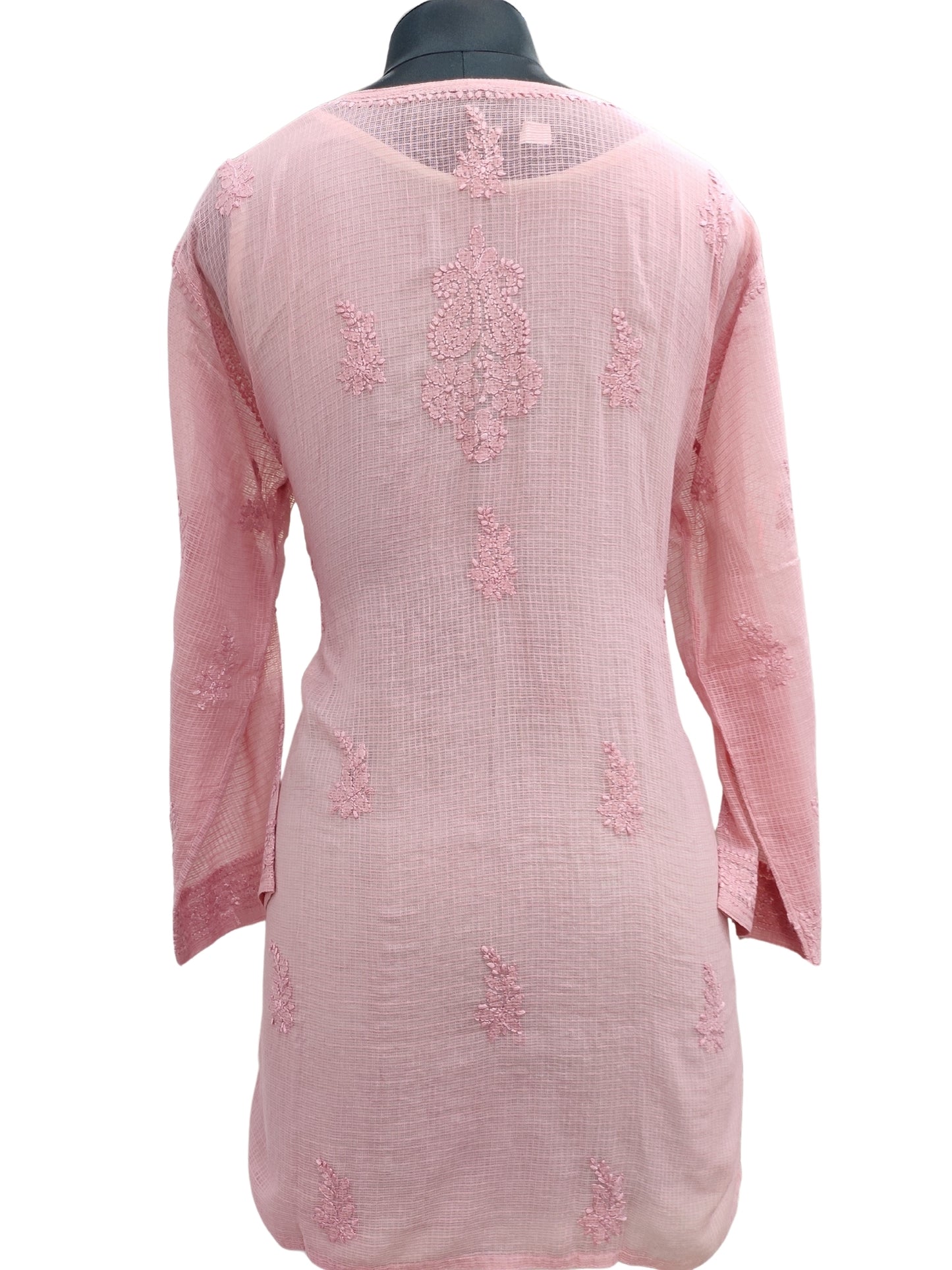 Shyamal Chikan Hand Embroidered Peach Kota Doria Lucknowi Chikankari Short Top -23251