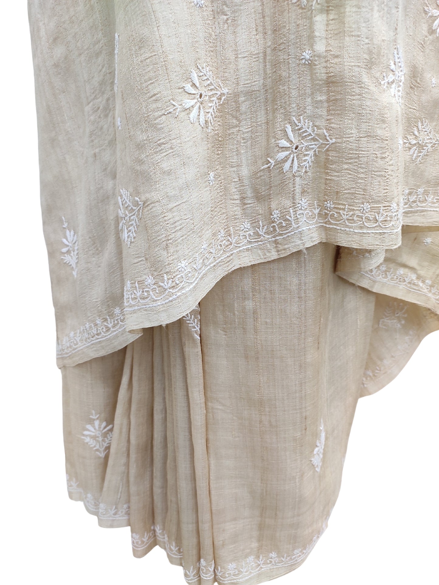 Shyamal Chikan Hand Embroidered Beige Pure Desi Tusser Silk Lucknowi Chikankari Saree With Blouse Piece- S21990