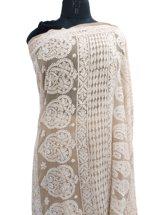 Shyamal Chikan Hand Embroidered Beige Georgette Lucknowi Chikankari Skirt Saree With Blouse Piece - S26272
