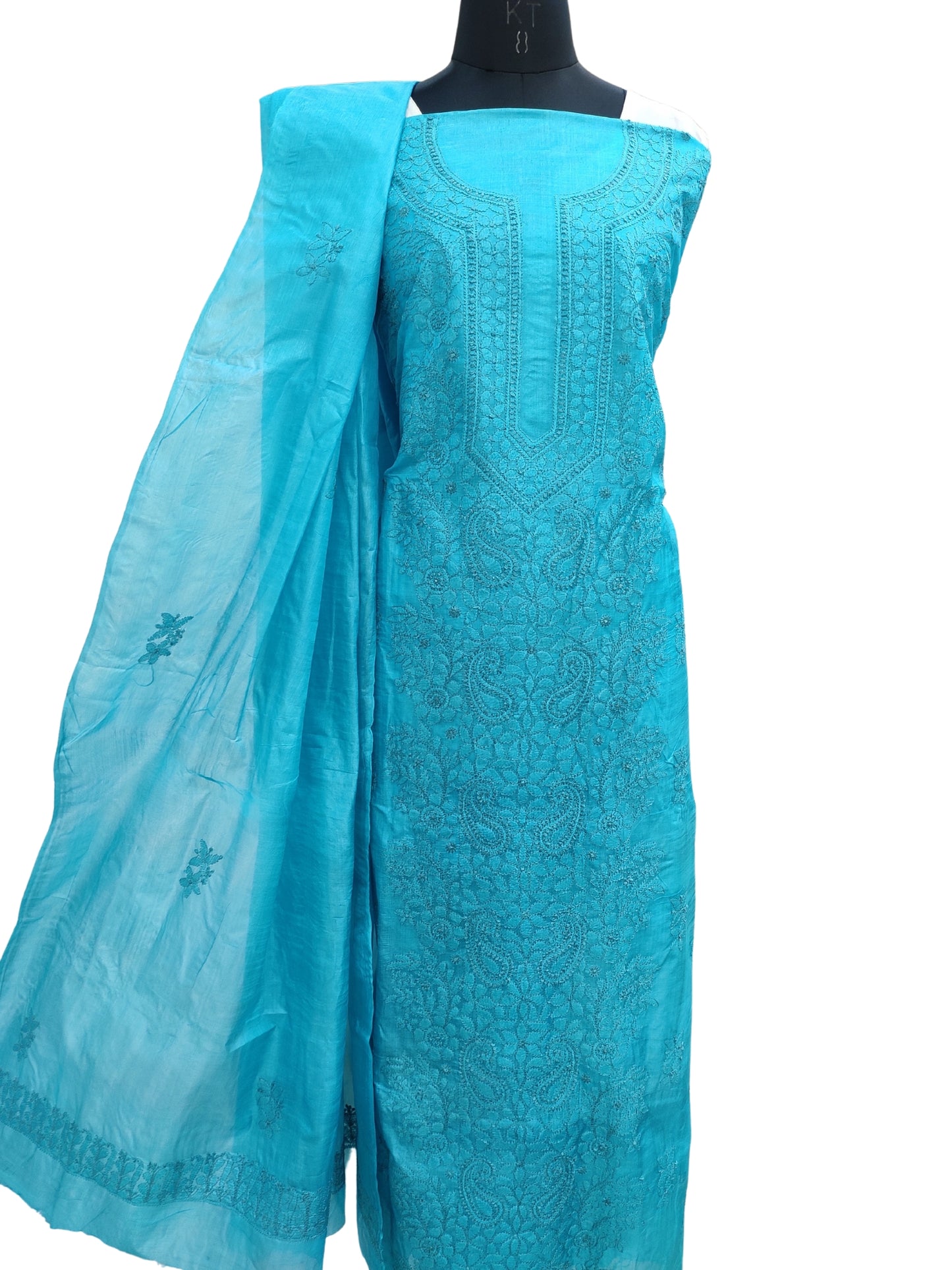 Shyamal Chikan Hand Embroidered Blue Pure Tusser Silk Lucknowi Chikankari Unstitched Suit Piece (Kurta Dupatta Set) - S21369
