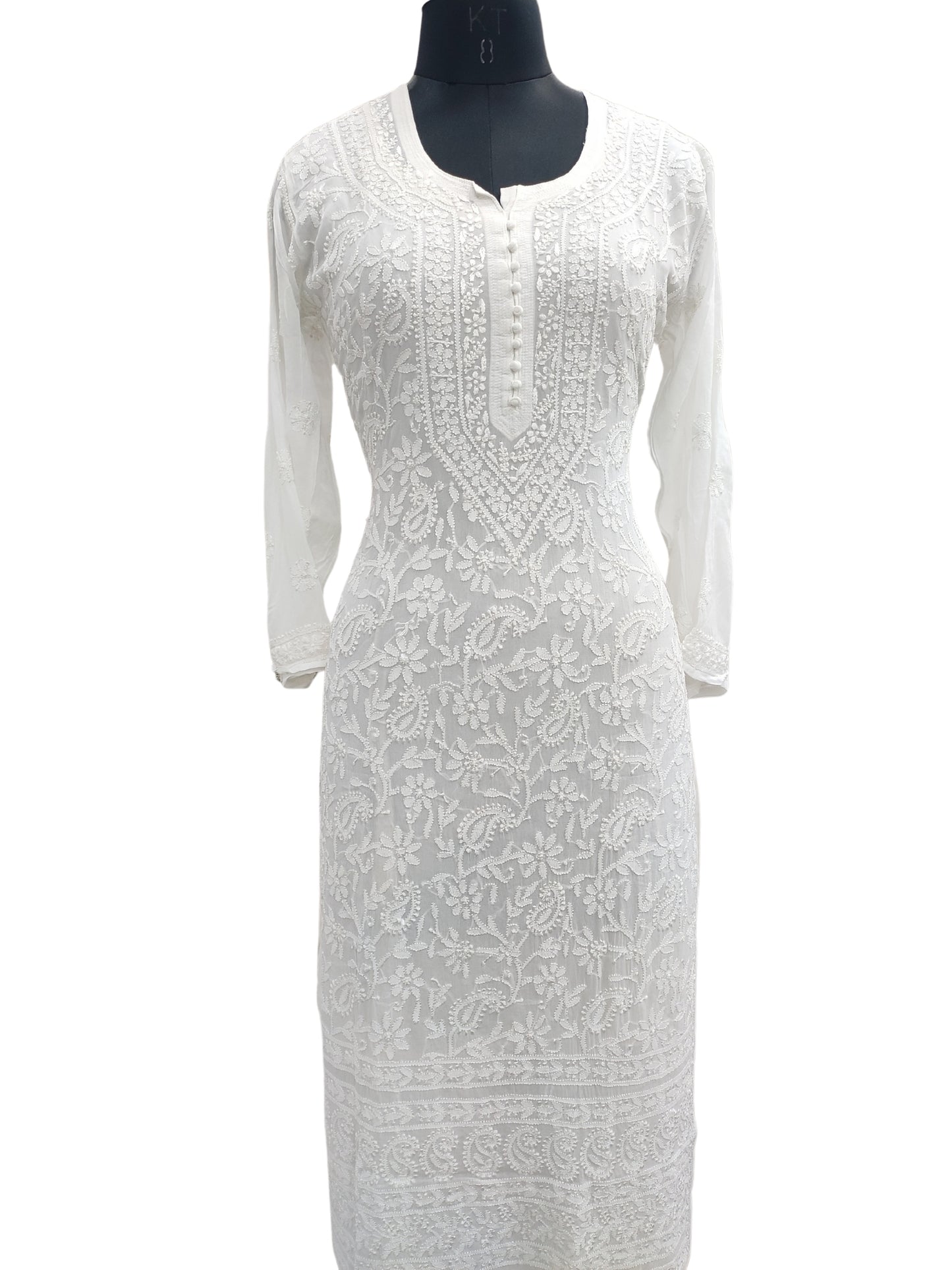 Shyamal Chikan Hand Embroidered White Viscose Georgette Lucknowi Chikankari Kurti - S23906