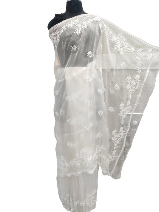 Shyamal Chikan Hand Embroidered White Pure Organza Lucknowi Chikankari Saree With Blouse Piece - S22310