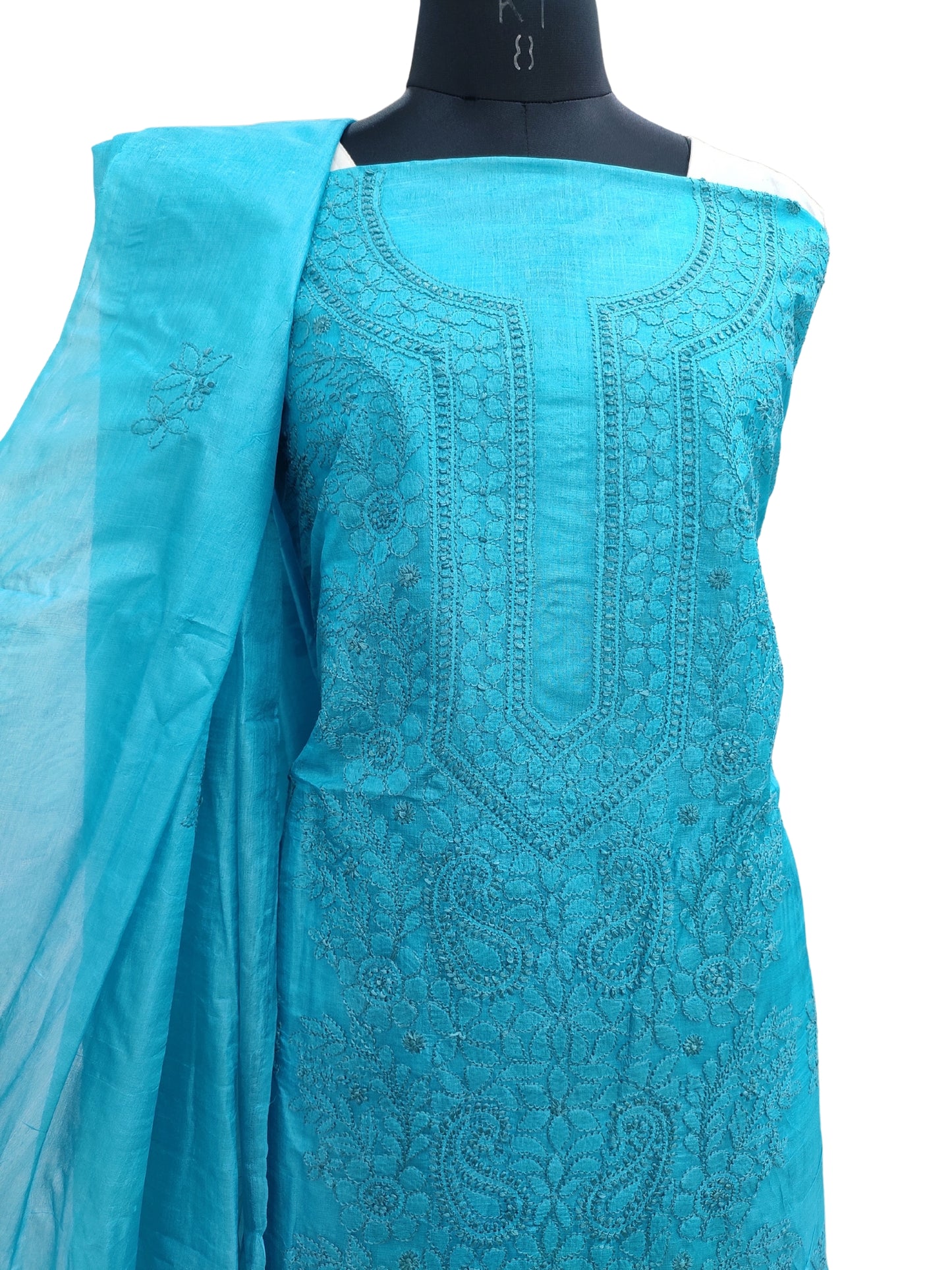 Shyamal Chikan Hand Embroidered Blue Pure Tusser Silk Lucknowi Chikankari Unstitched Suit Piece (Kurta Dupatta Set) - S21369