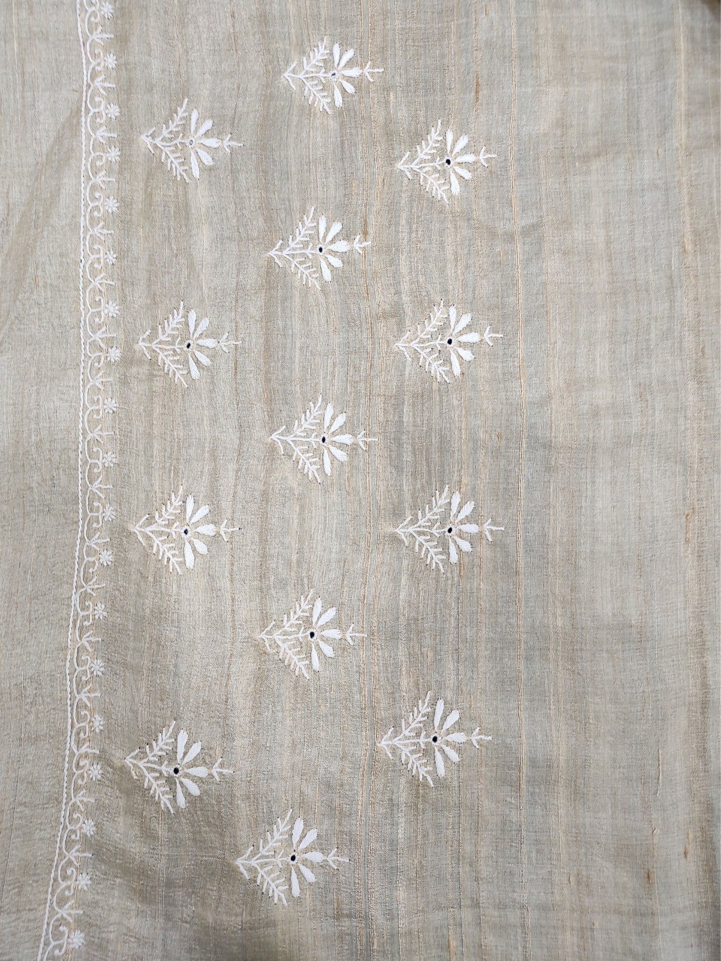 Shyamal Chikan Hand Embroidered Beige Pure Desi Tusser Silk Lucknowi Chikankari Saree With Blouse Piece- S21990