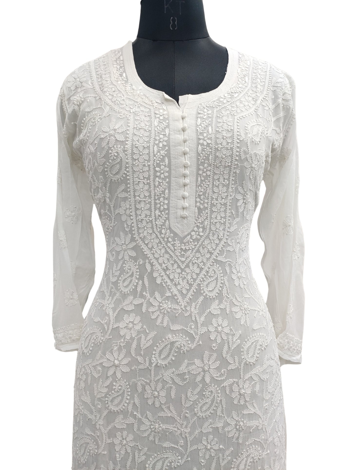 Shyamal Chikan Hand Embroidered White Viscose Georgette Lucknowi Chikankari Kurti - S23906