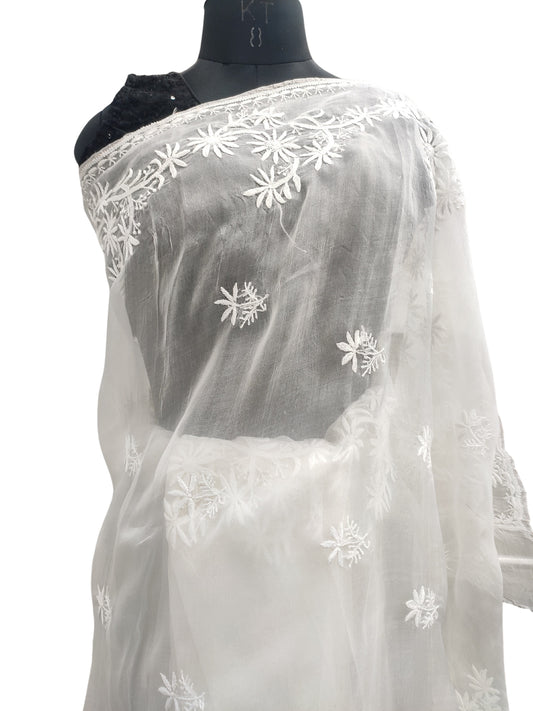 Shyamal Chikan Hand Embroidered White Pure Organza Lucknowi Chikankari Saree With Blouse Piece  - S22310