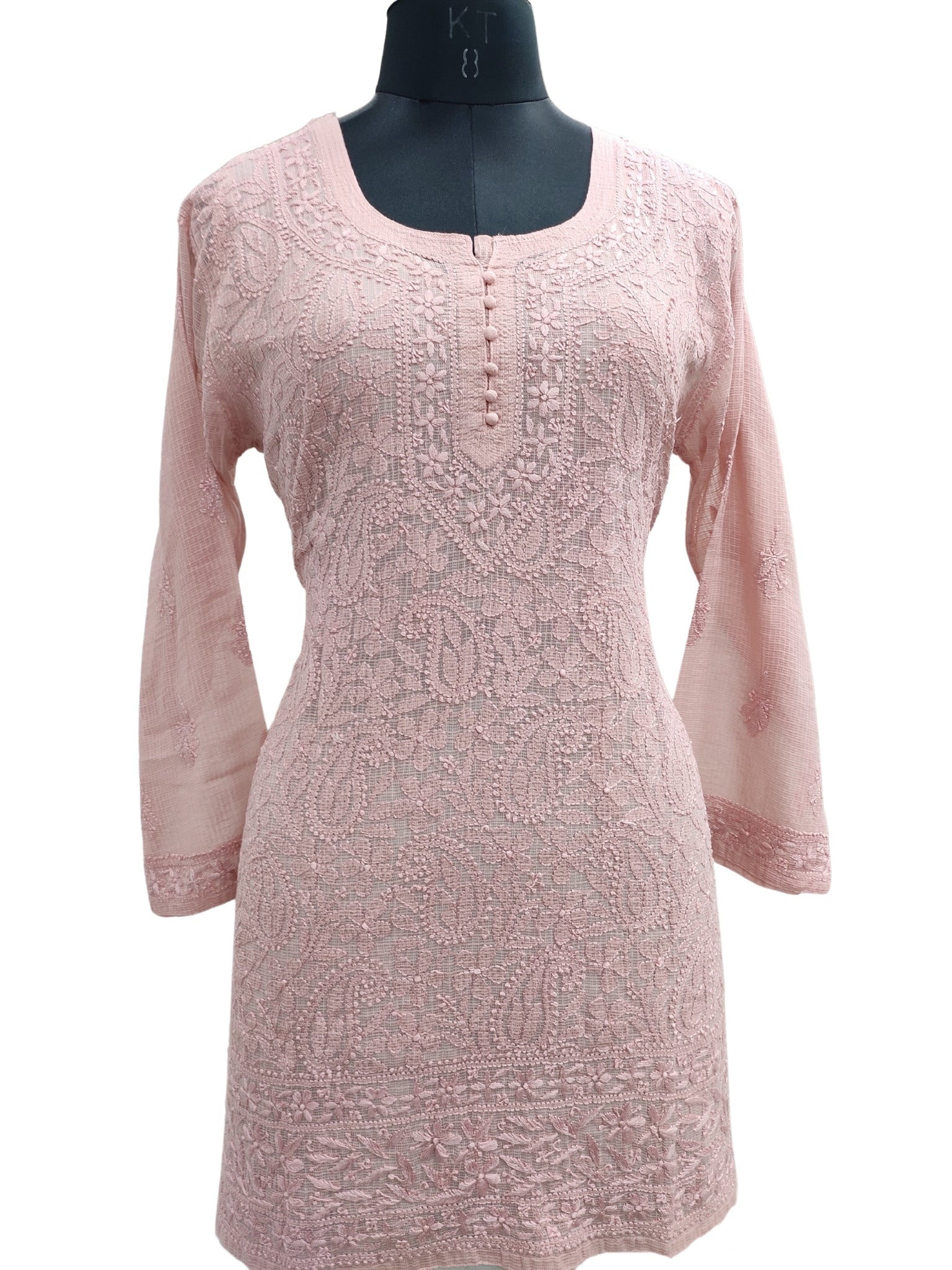 Shyamal Chikan Hand Embroidered Peachish Brown Kota Doria Lucknowi Chikankari Short Top -23253