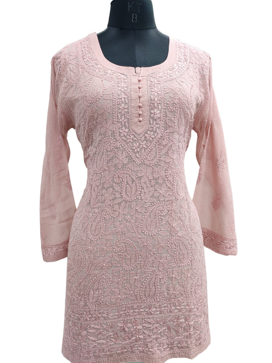 Shyamal Chikan Hand Embroidered Peachish Brown Kota Doria Lucknowi Chikankari Short Top -23253