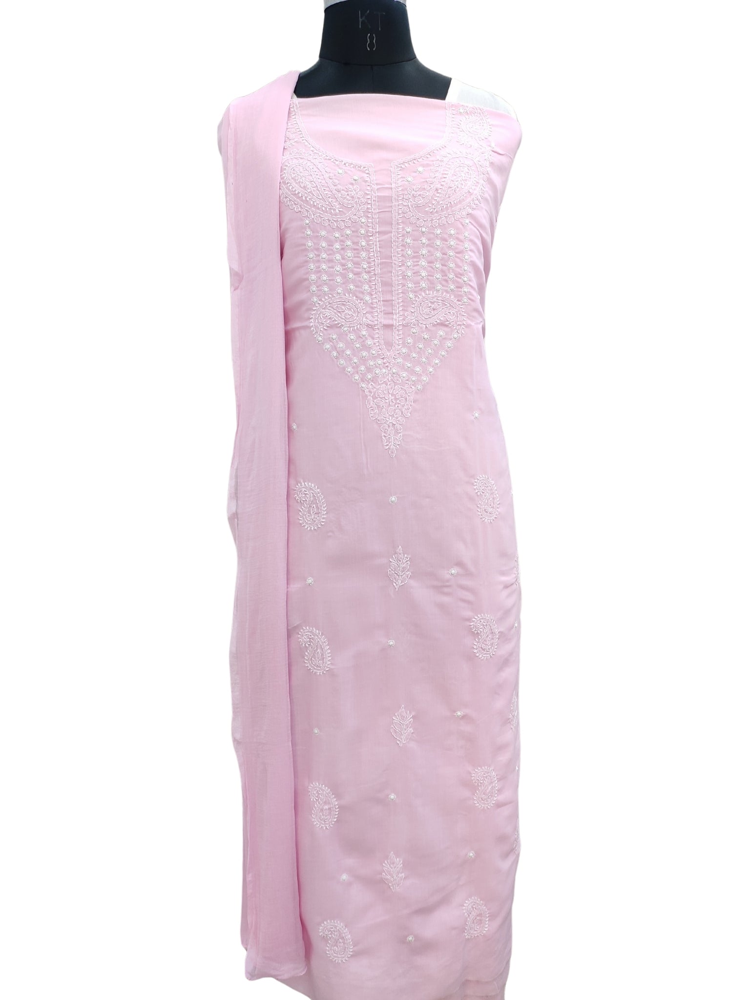 Shyamal Chikan Hand Embroidered Pink Cotton Lucknowi Chikankari Unstitched Suit Piece 24199